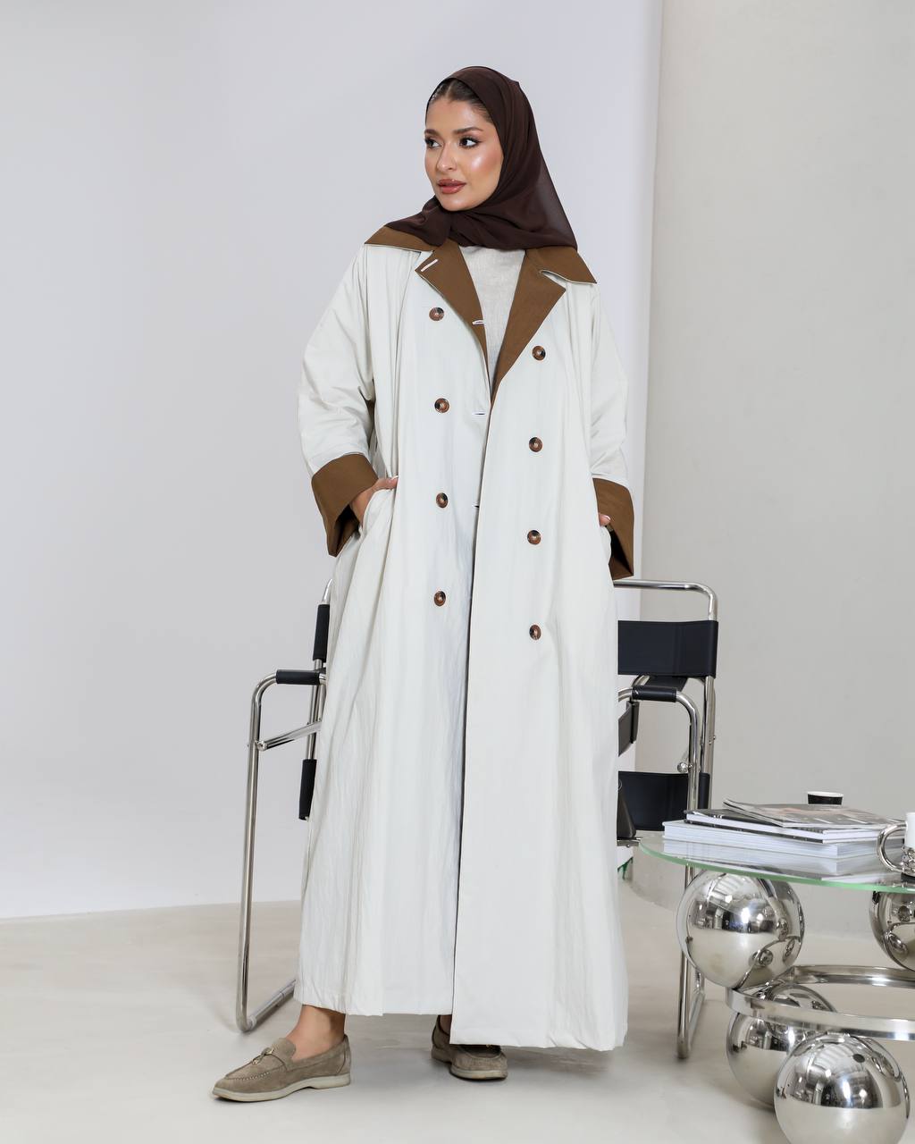 Free size trench coat, beige with brown details C:6656 Beige
