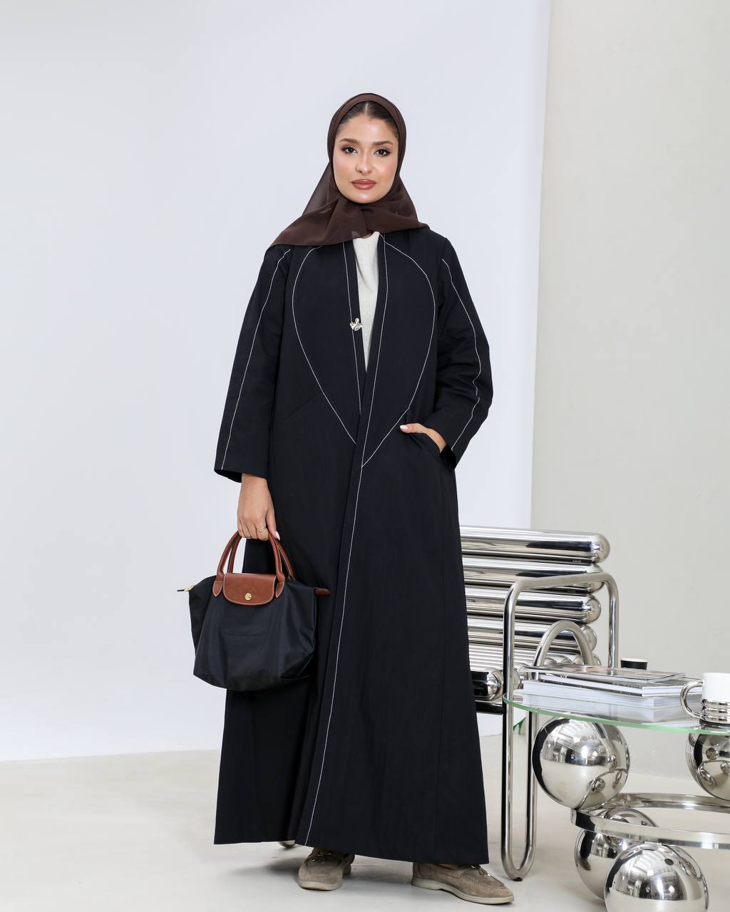 Black trench coat with white embroidery details C:6655