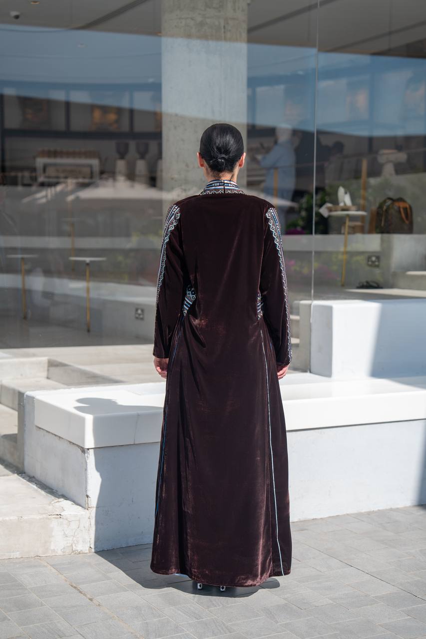 Brown velvet abaya with embroidery.C:6702
