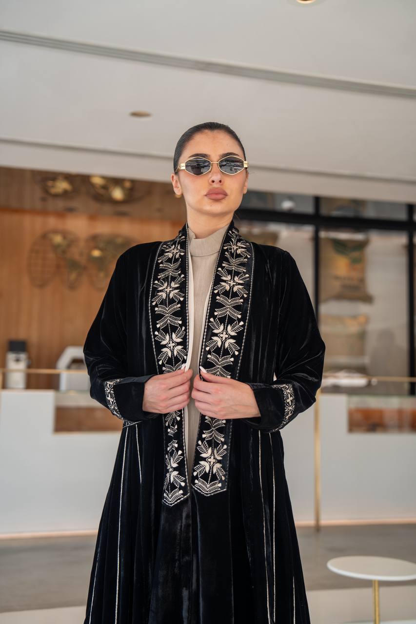 Black velvet abaya with embroidery.C:6700