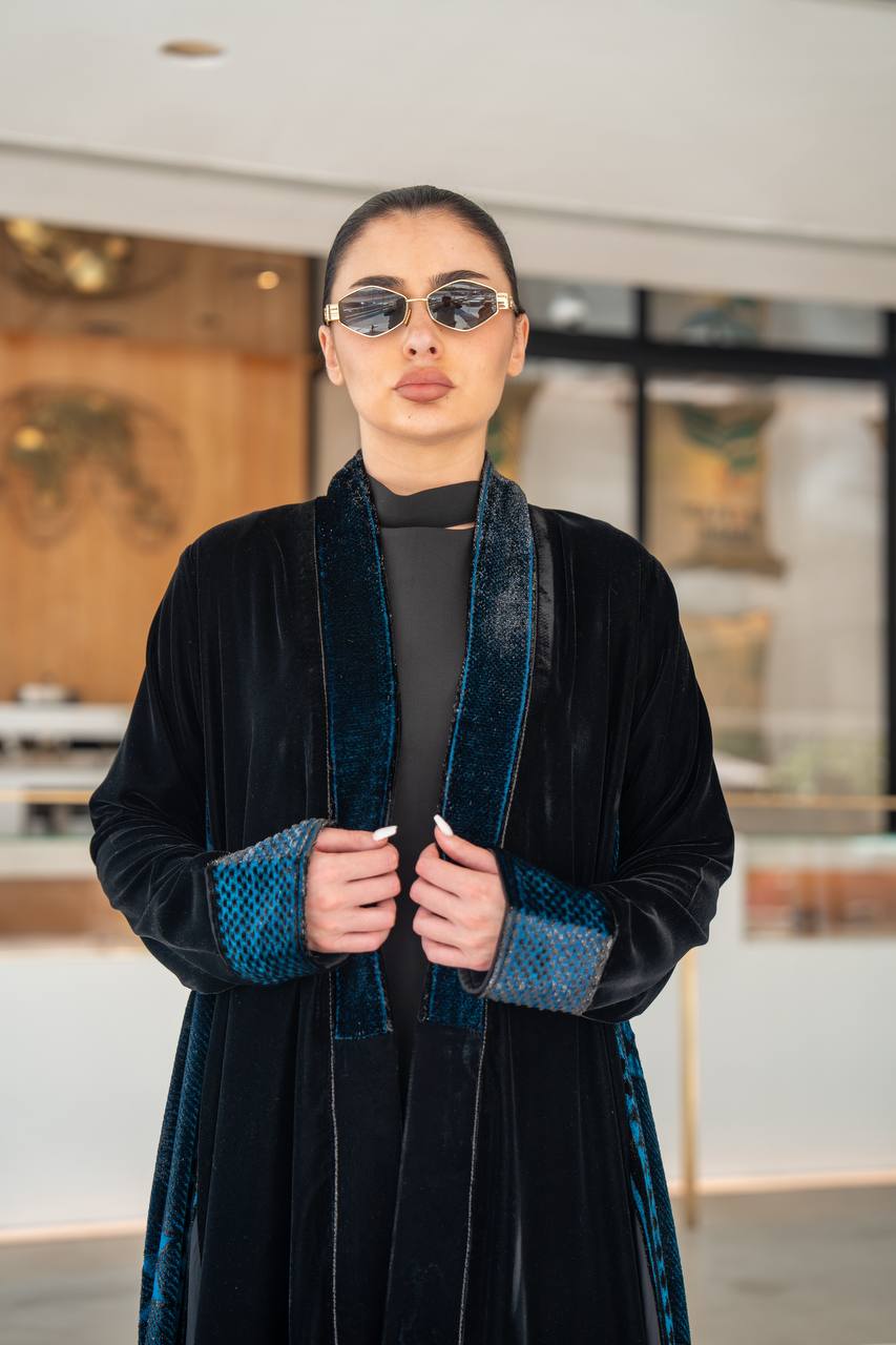 Black and turquoise velvet abaya. C:6701