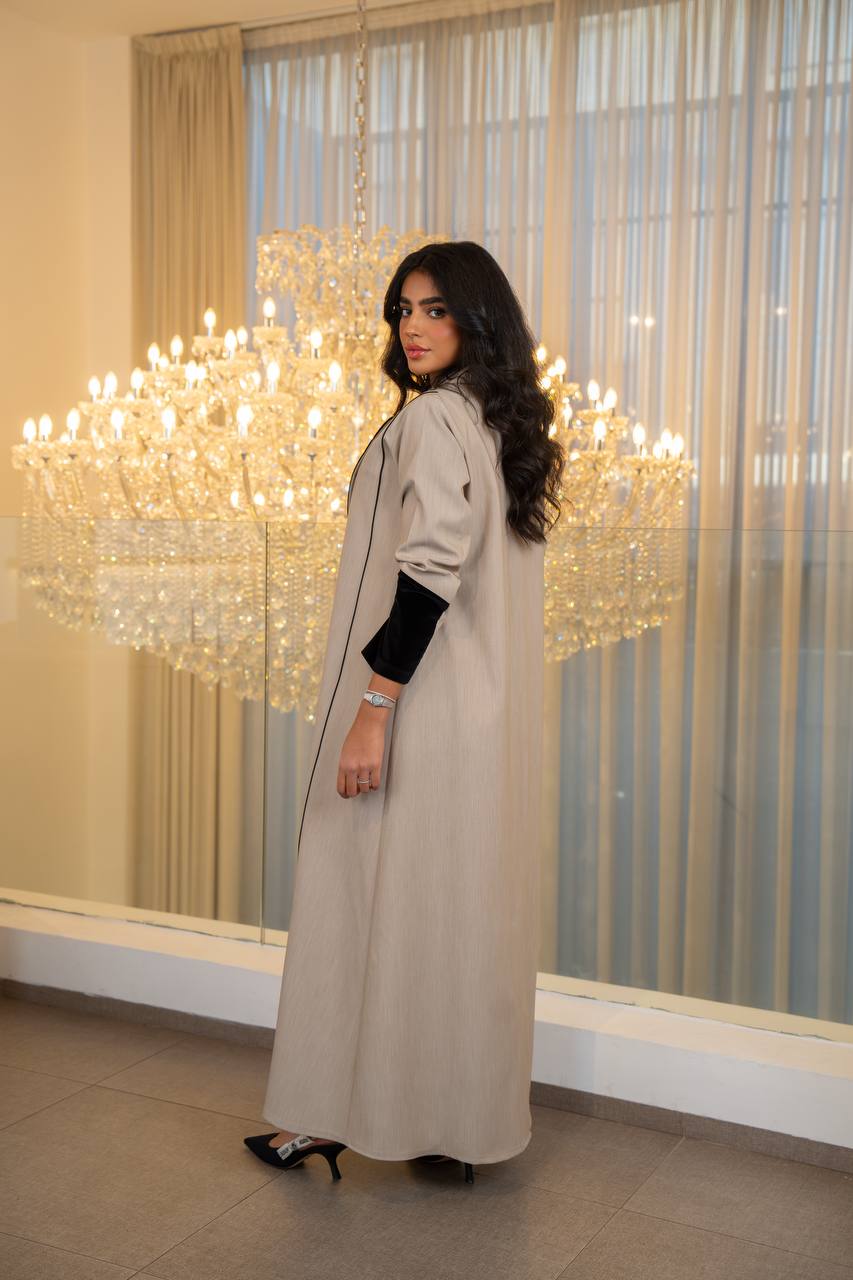 Beige crepe abaya with black velvet.C:6704