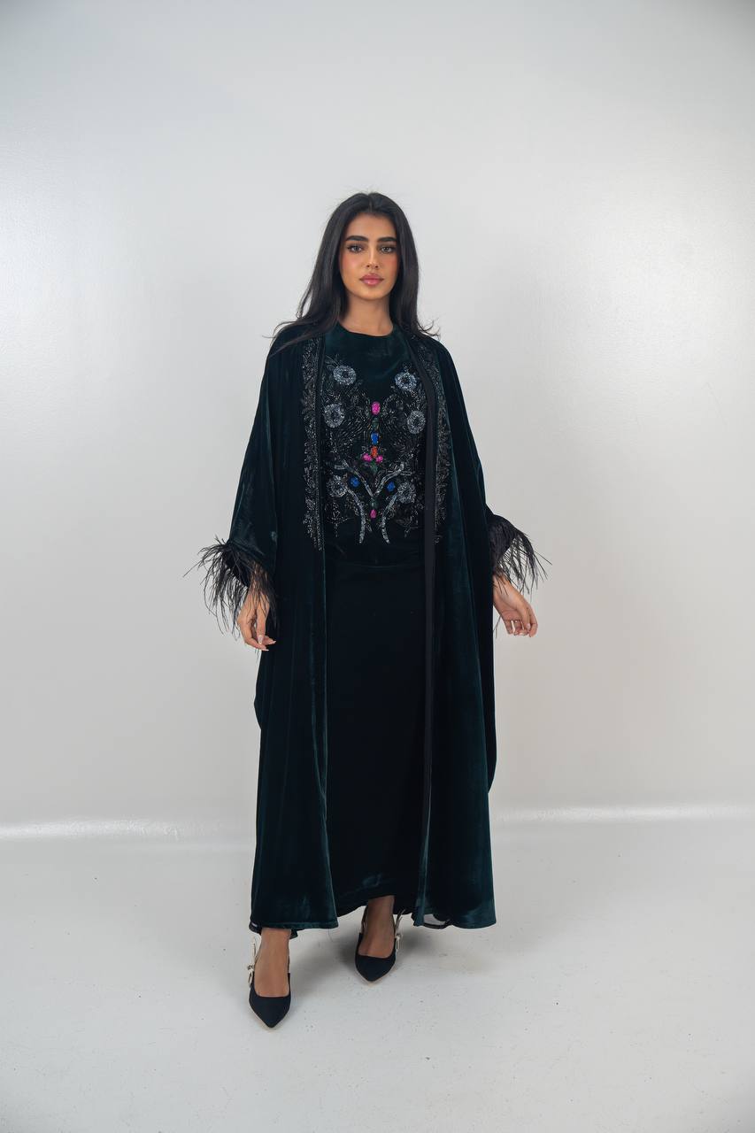 A set of bisht and dress, velvet in olive green with hand embroidery..C:6716
