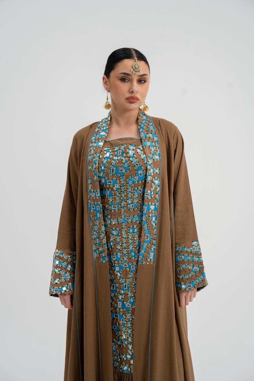 Abaya and dress set, linen with embroidery. C:6743