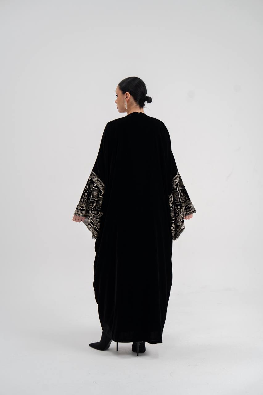 Black velvet abaya with embroidery. C:6744