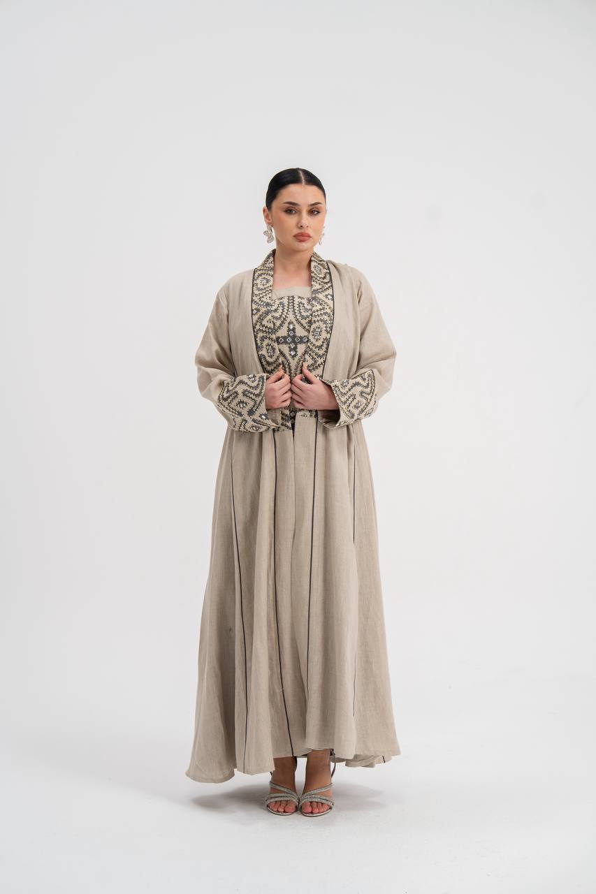 Abaya and dress set, linen with embroidery. C:6741