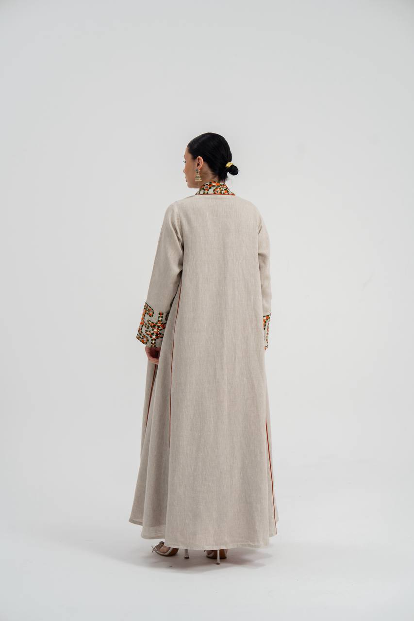 Abaya and dress set, light beige linen with embroidery. C:6743