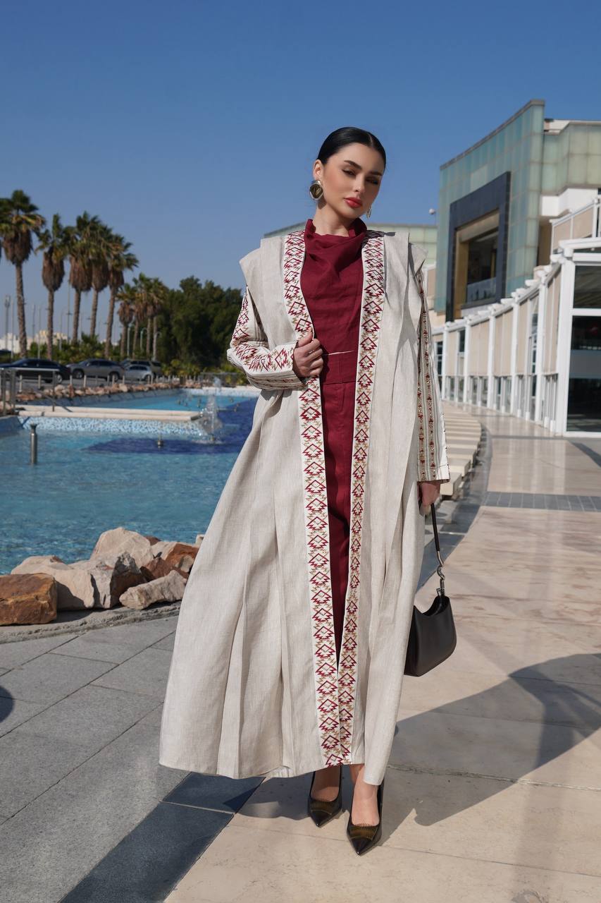Beige linen abaya with embroidery. C:6758