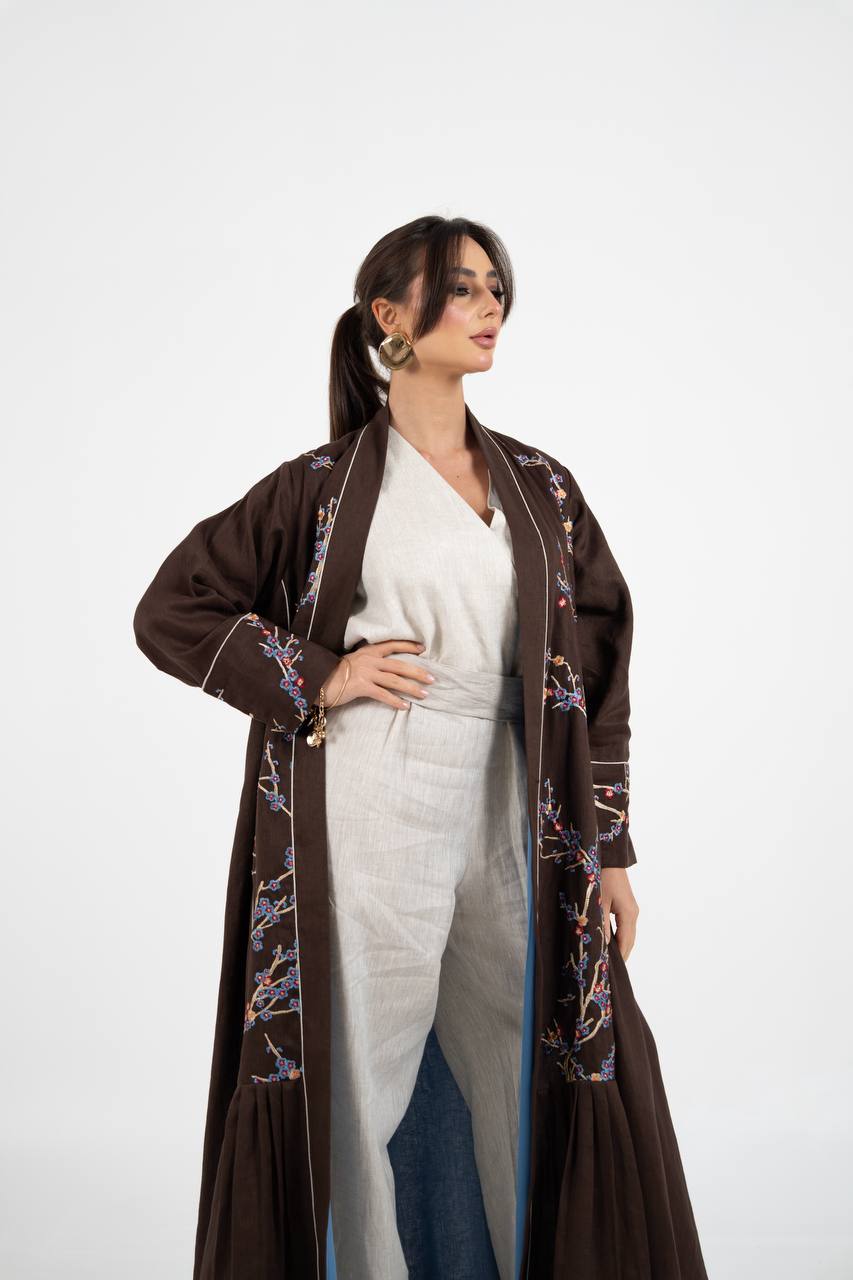 Linen abaya in brown with embroidery. C:6760
