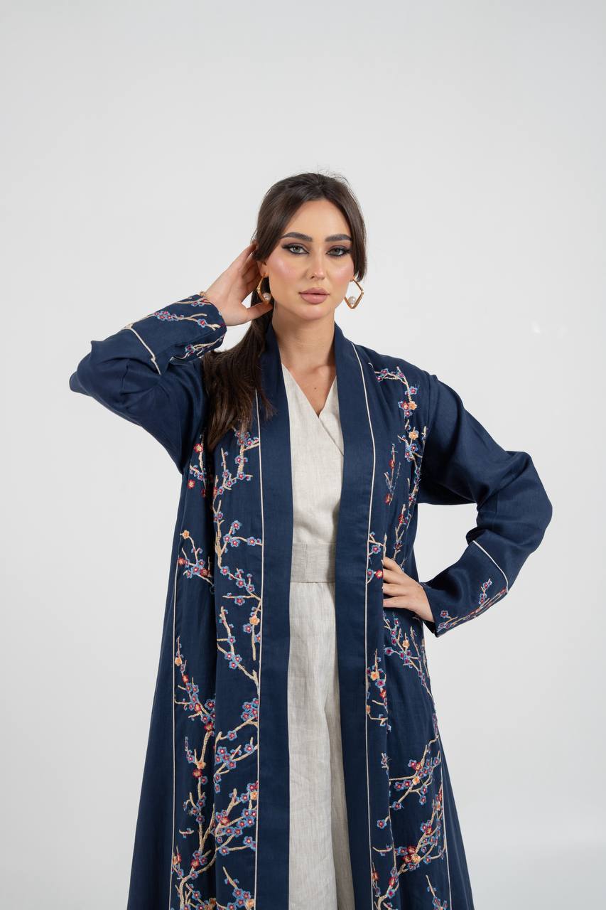 Linen abaya in navy blue with embroidery. C:6760 Blue
