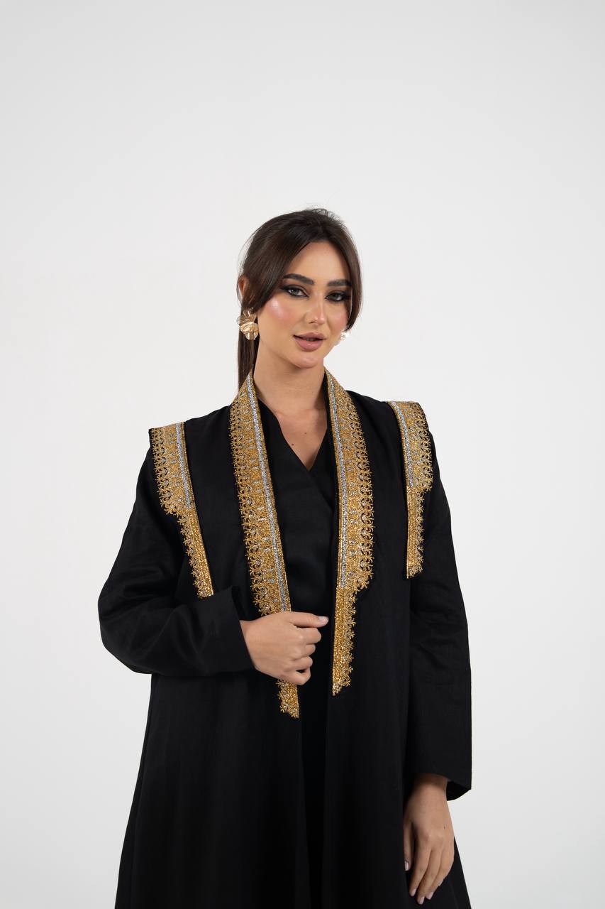 Linen abaya in black with embroidery. C:6762