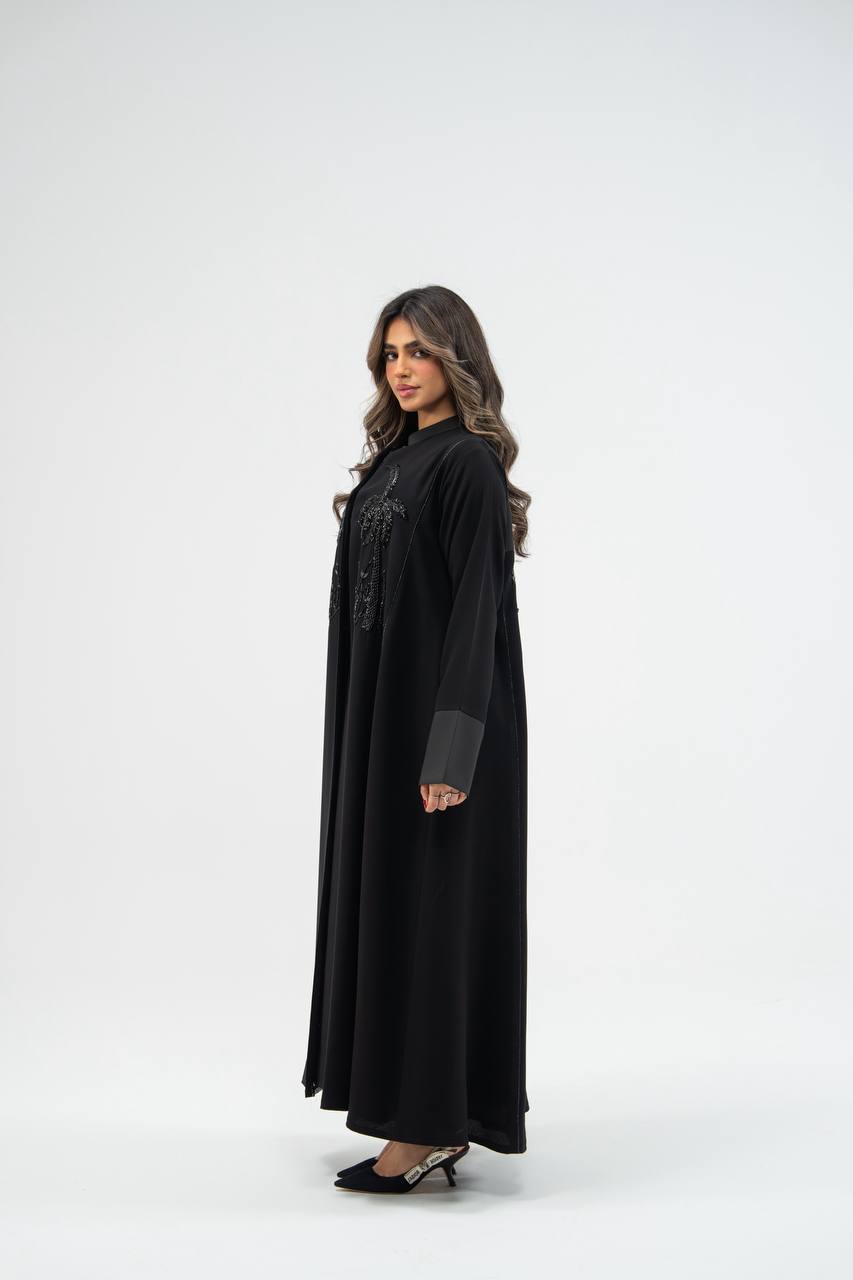 Black crepe abaya with hand-stitched details. C:6748 black. crepe