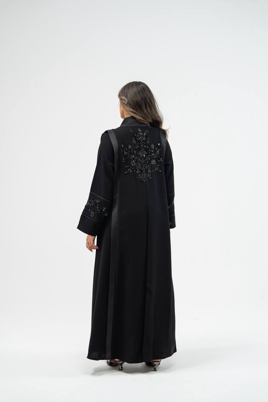 Black crepe fabric abaya with satin. C: 6755 black crepe