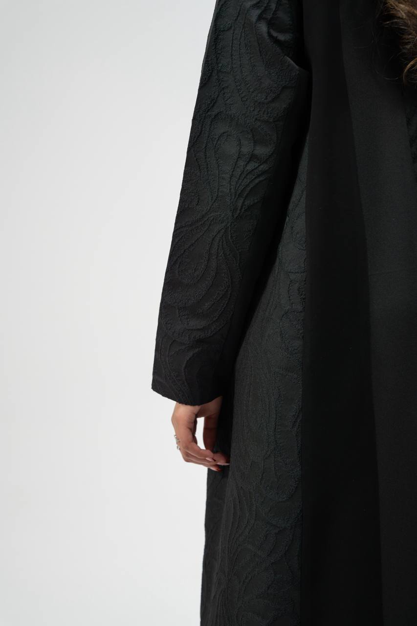 Black crepe abaya with jacquard detailin. C:6775
