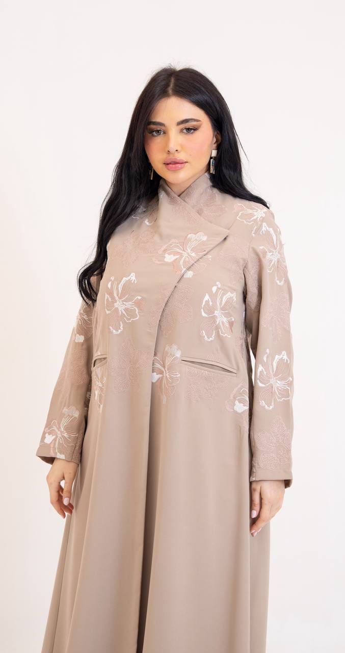 Beige crepe abaya with embroidery.C:6765