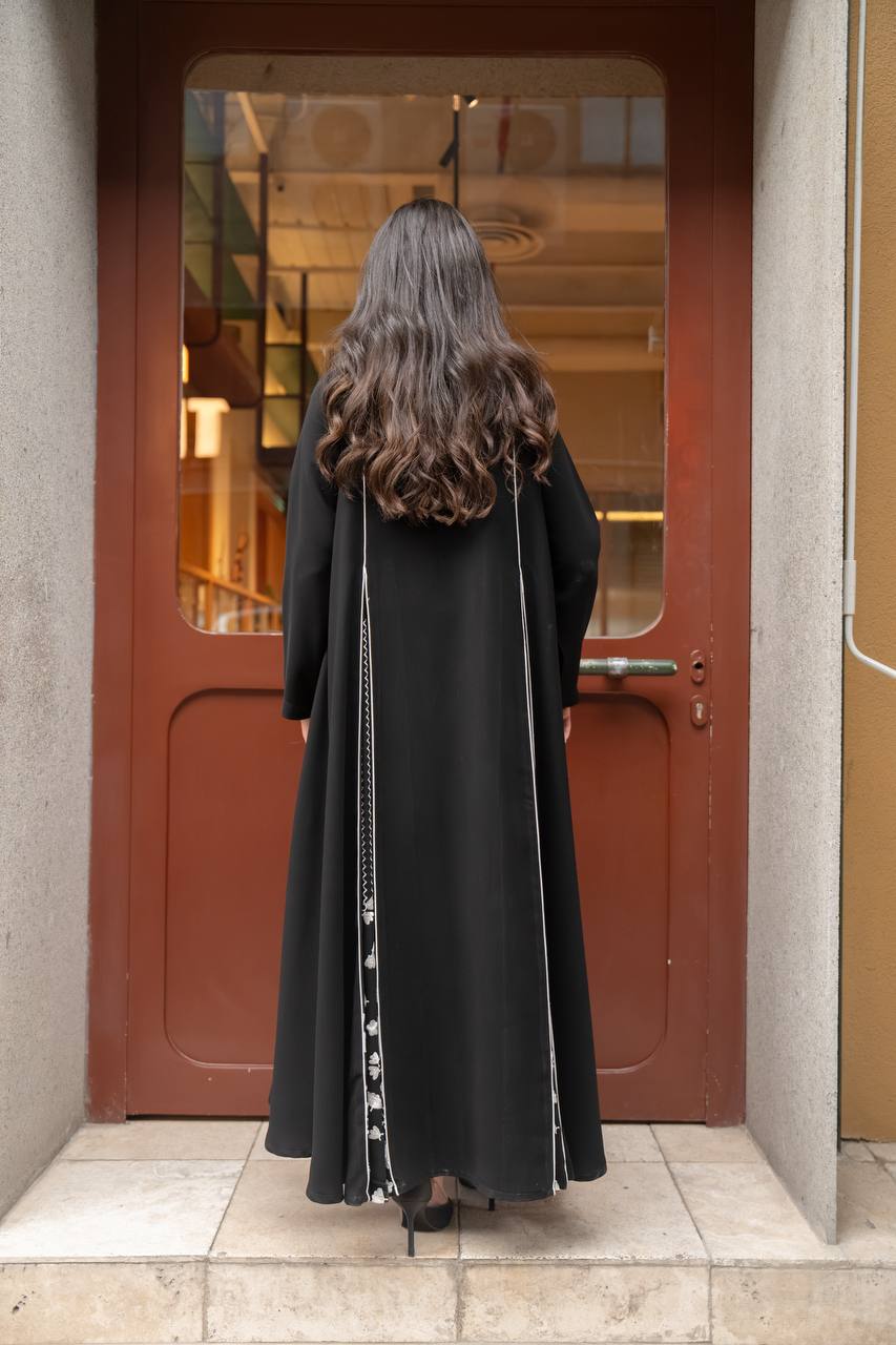 Black crepe abaya with white embroidery. C:6770