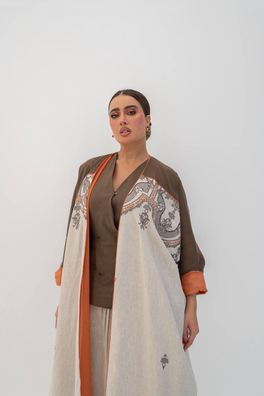 Beige linen abaya with embroidery. C:6785