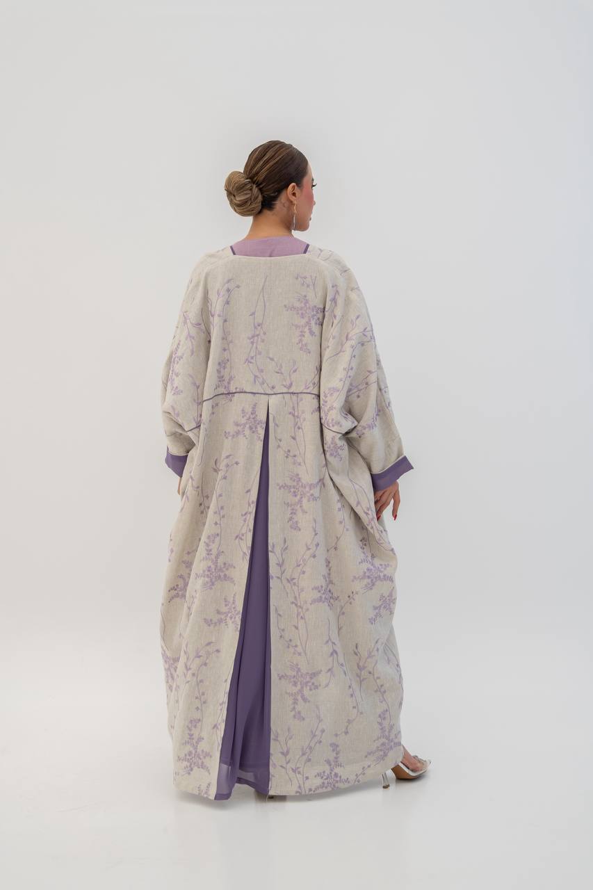 Beige linen abaya with embroidery. C:6784