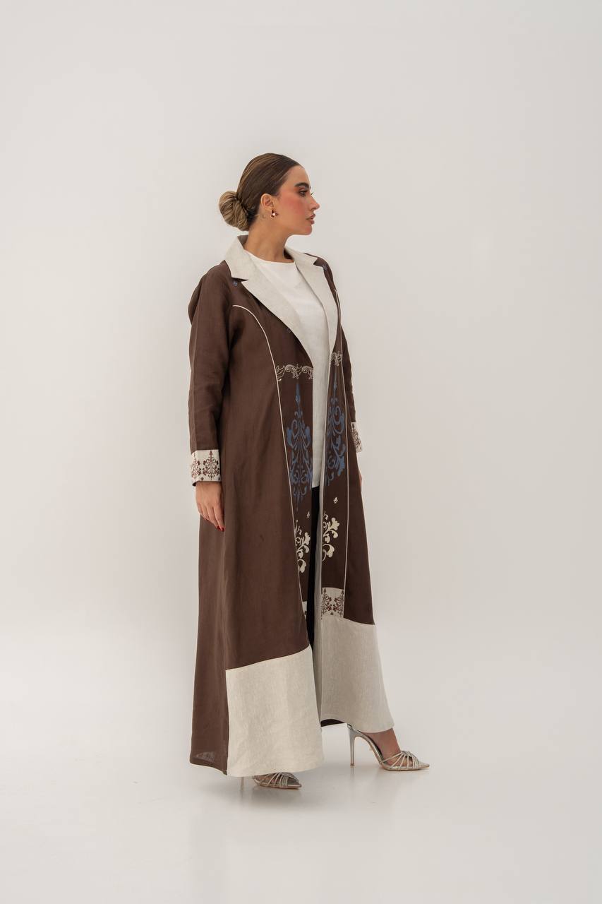 Linen abaya in brown with embroidery.C:6783 Brown