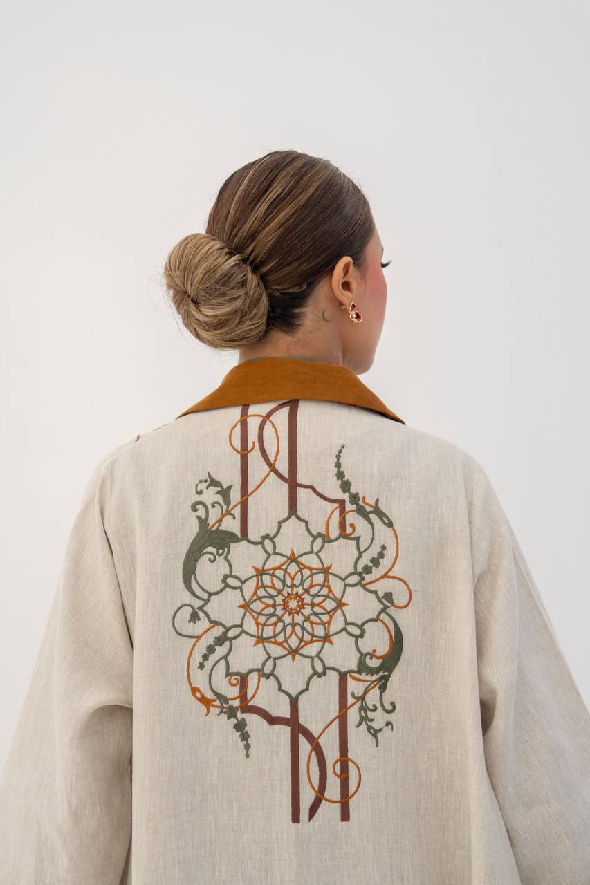 Beige linen abaya with embroidery. C:6787