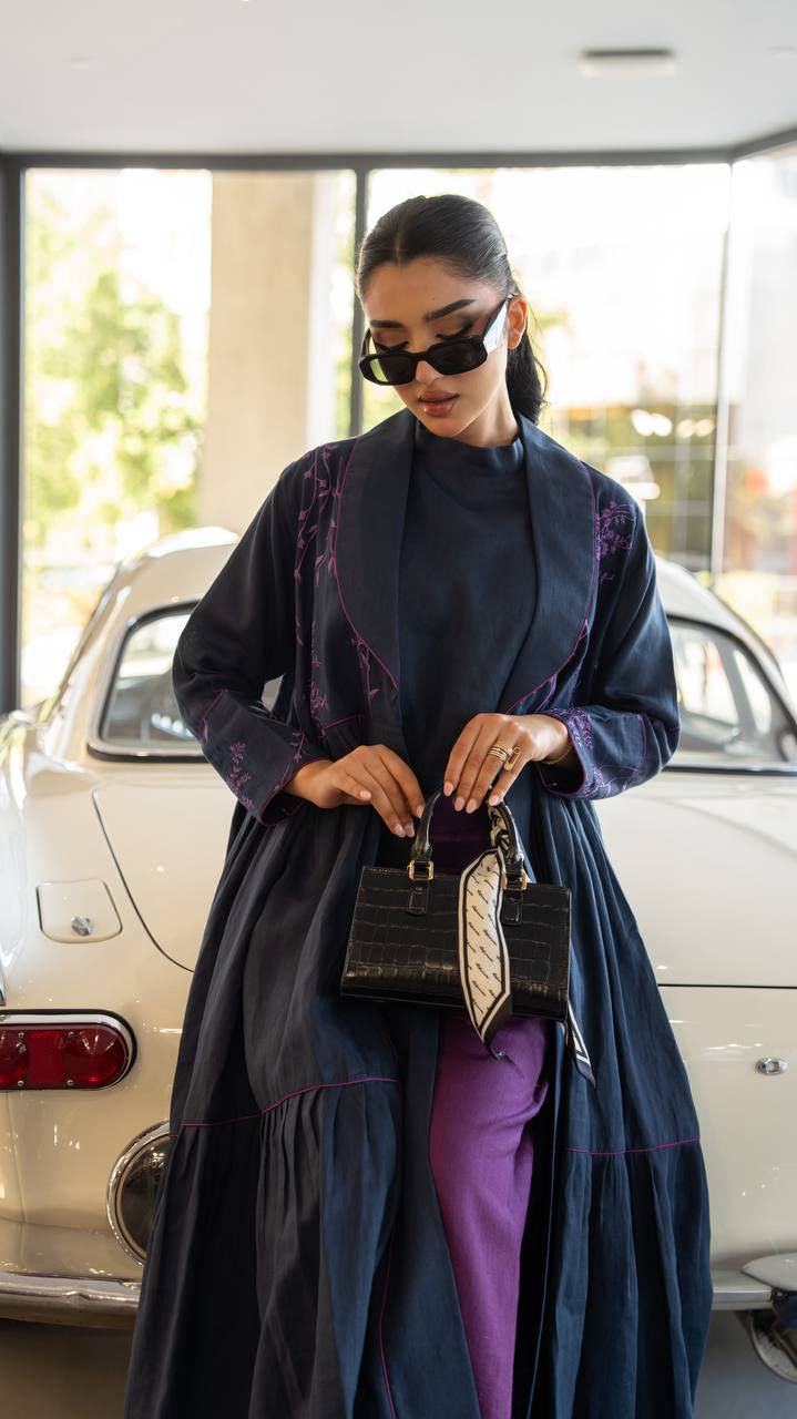 Linen abaya in navy blue with embroidery.C:6786