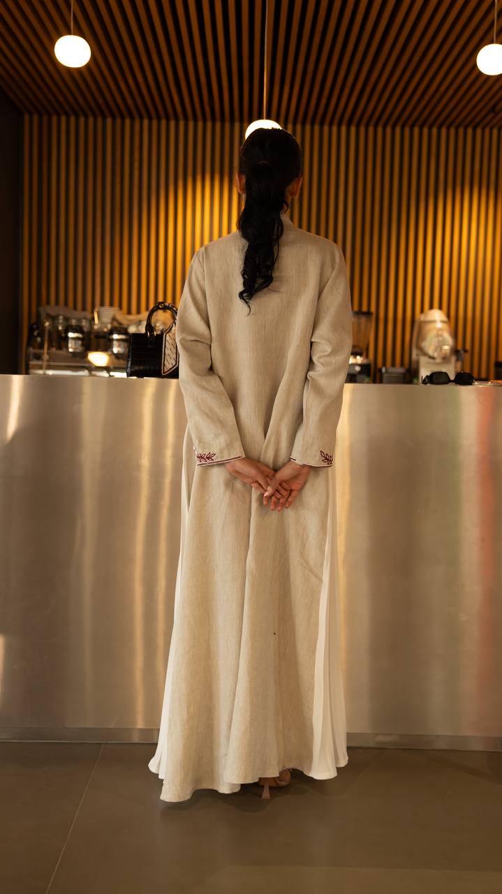 Linen abaya in beige with hand embroidery and beading. C:6791