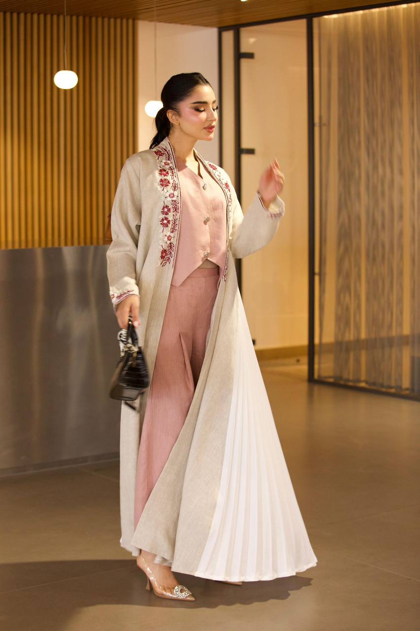 Linen abaya in beige with hand embroidery and beading. C:6791