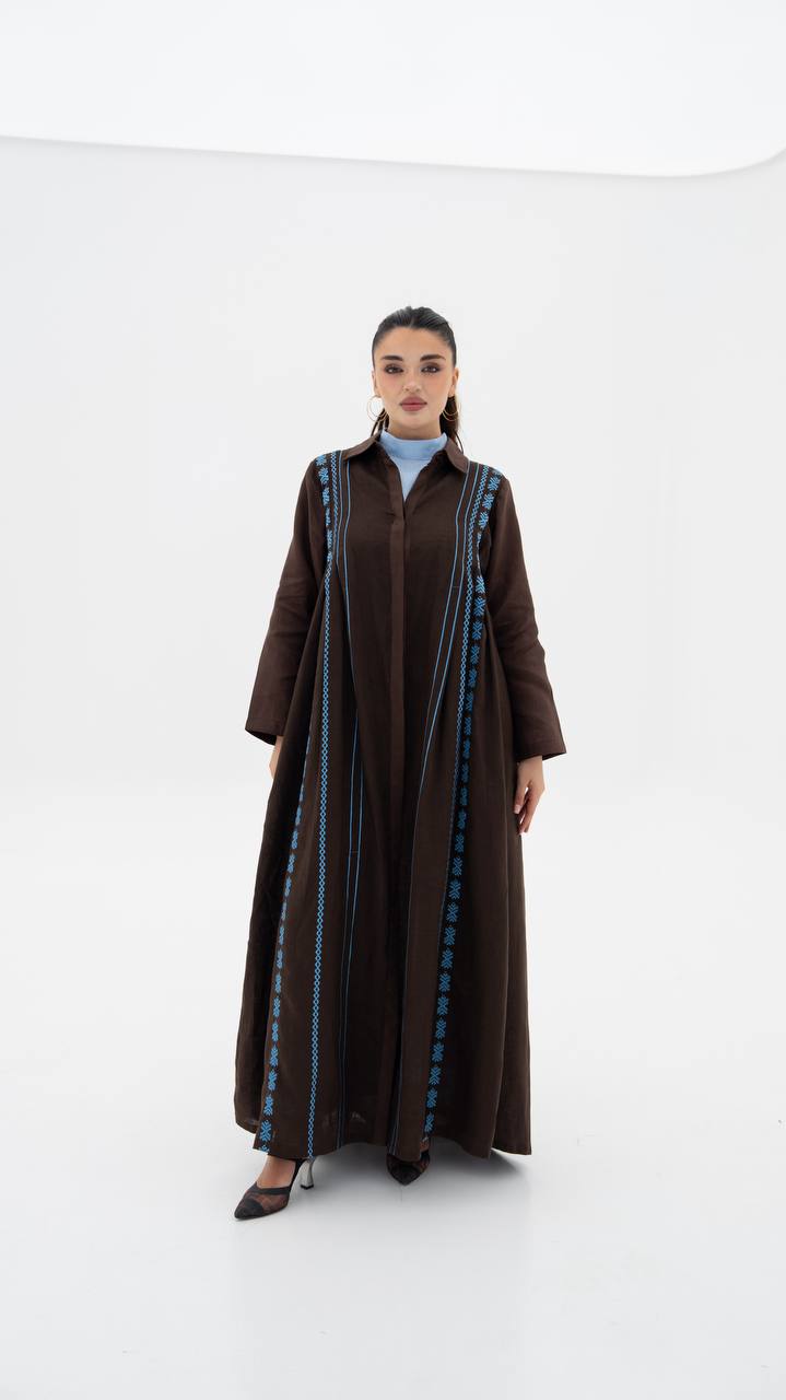 Linen abaya in brown with embroidery.C:6683