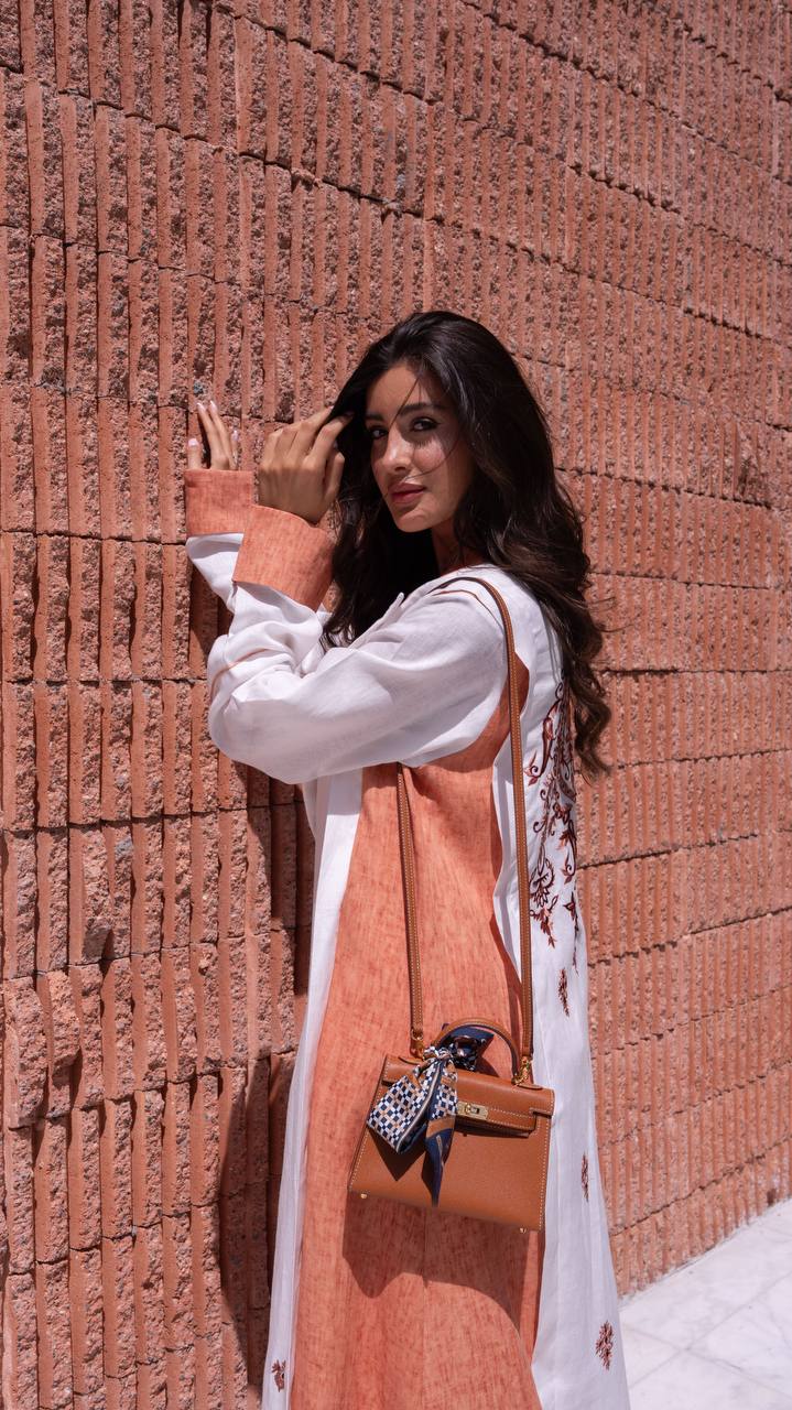 White and orange linen blazer abaya with embroidery. C:6794