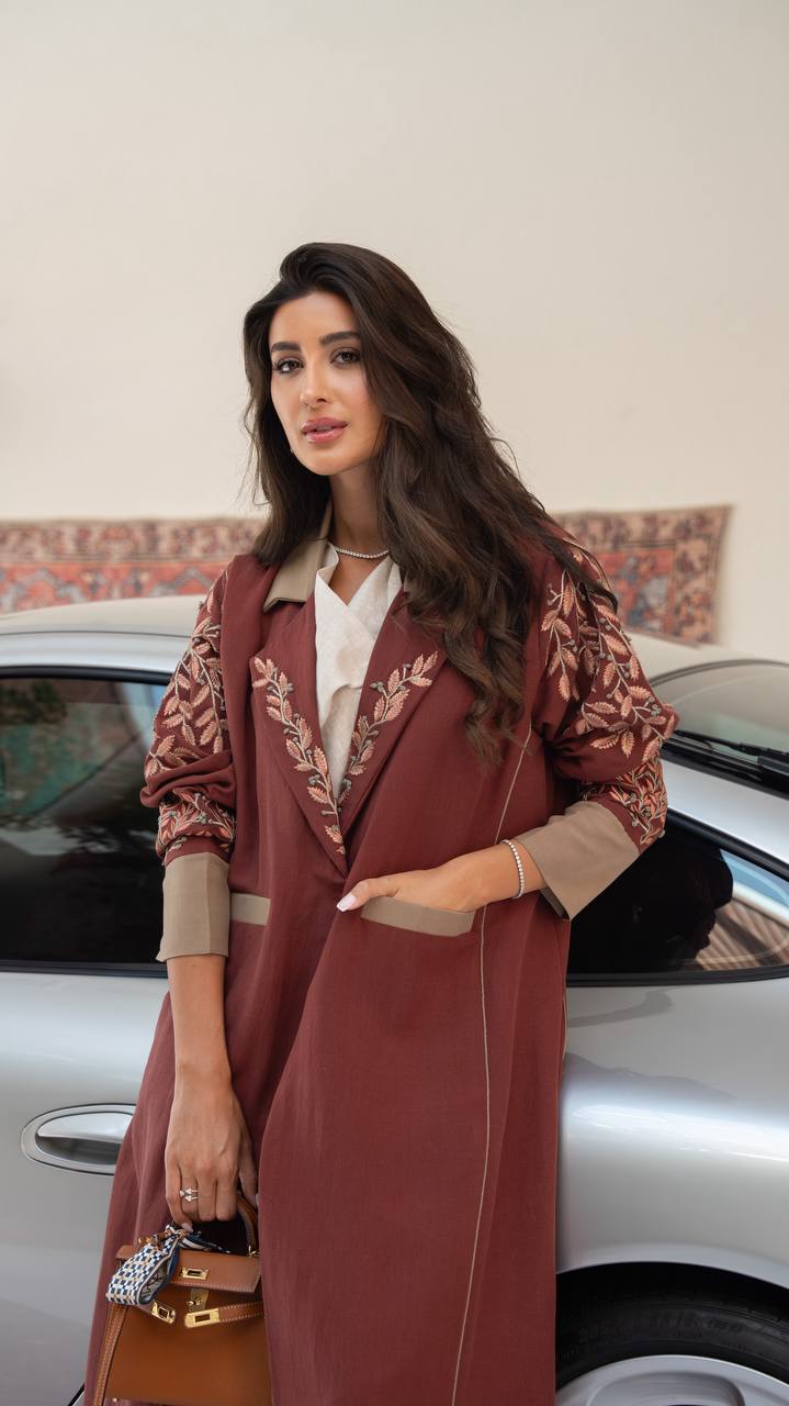 Burgundy linen blazer abaya with embroidery.C:6797