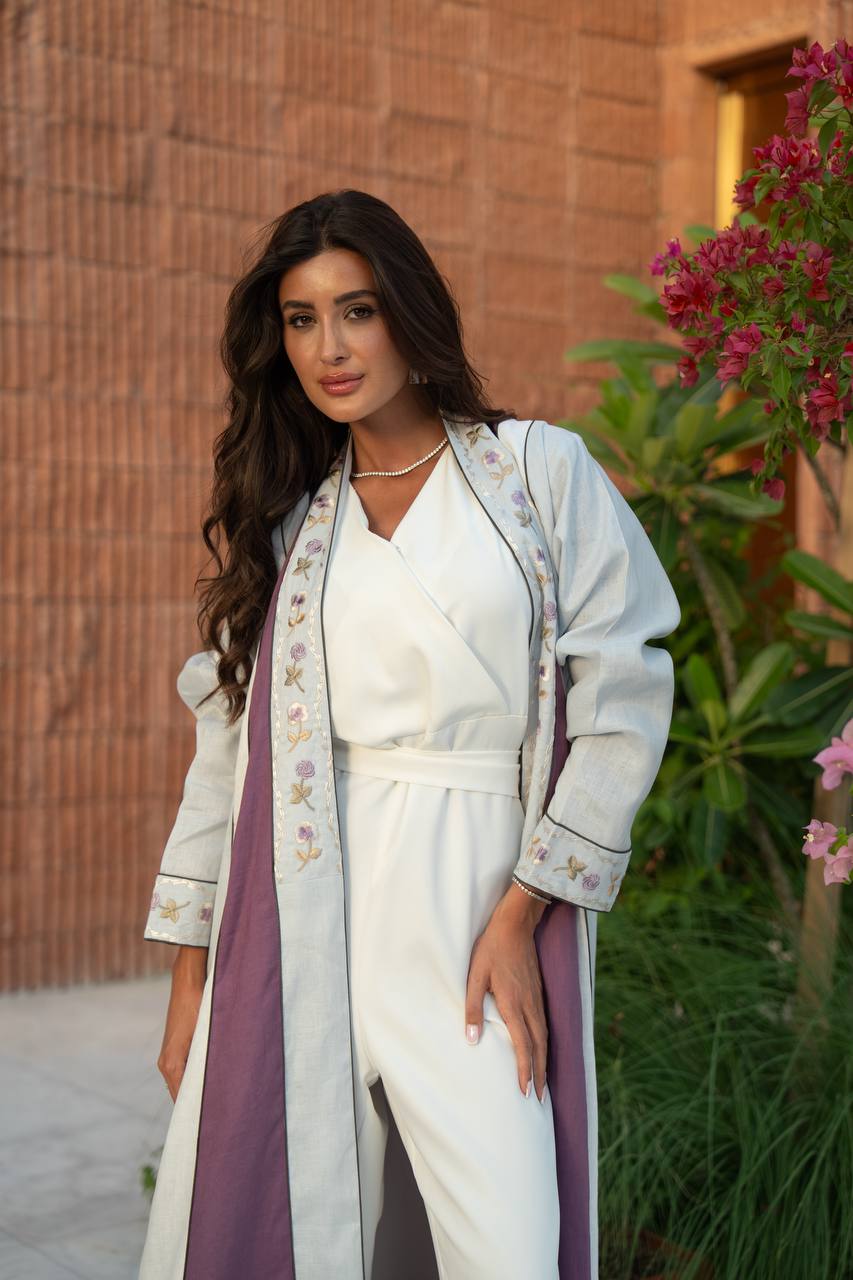 Beige linen abaya with embroidery.C:6799