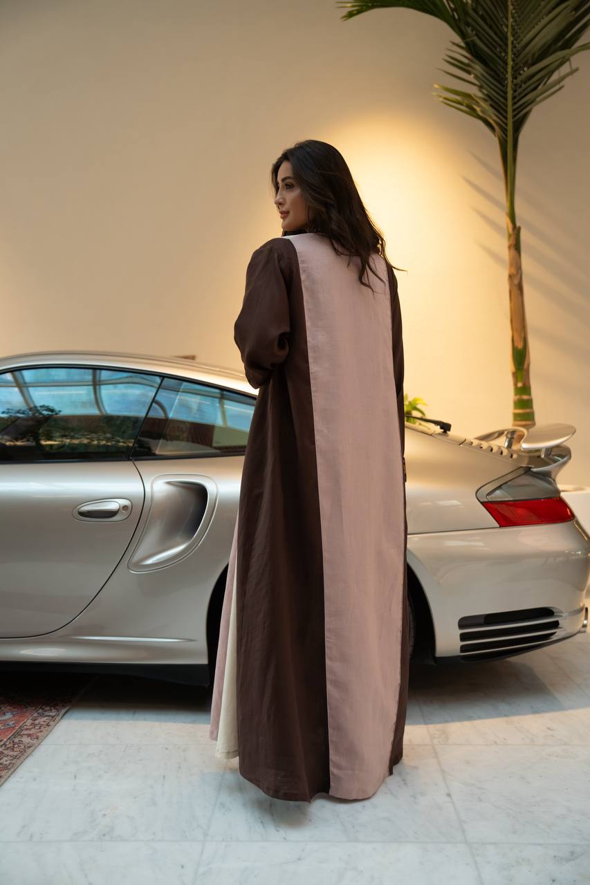 Linen abaya in brown with embroidery.C:6799