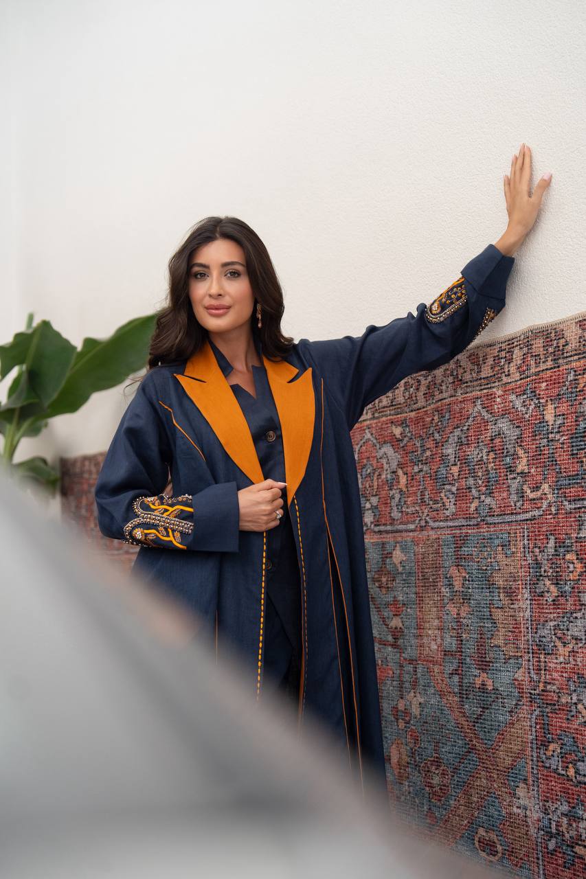 Navy blue linen blazer abaya with hand-stitched details.C:6804