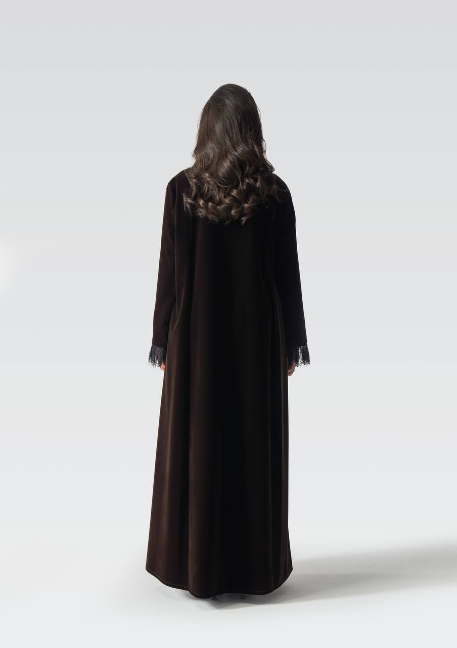 Velvet abaya with striped crepe and lace.C:6837
