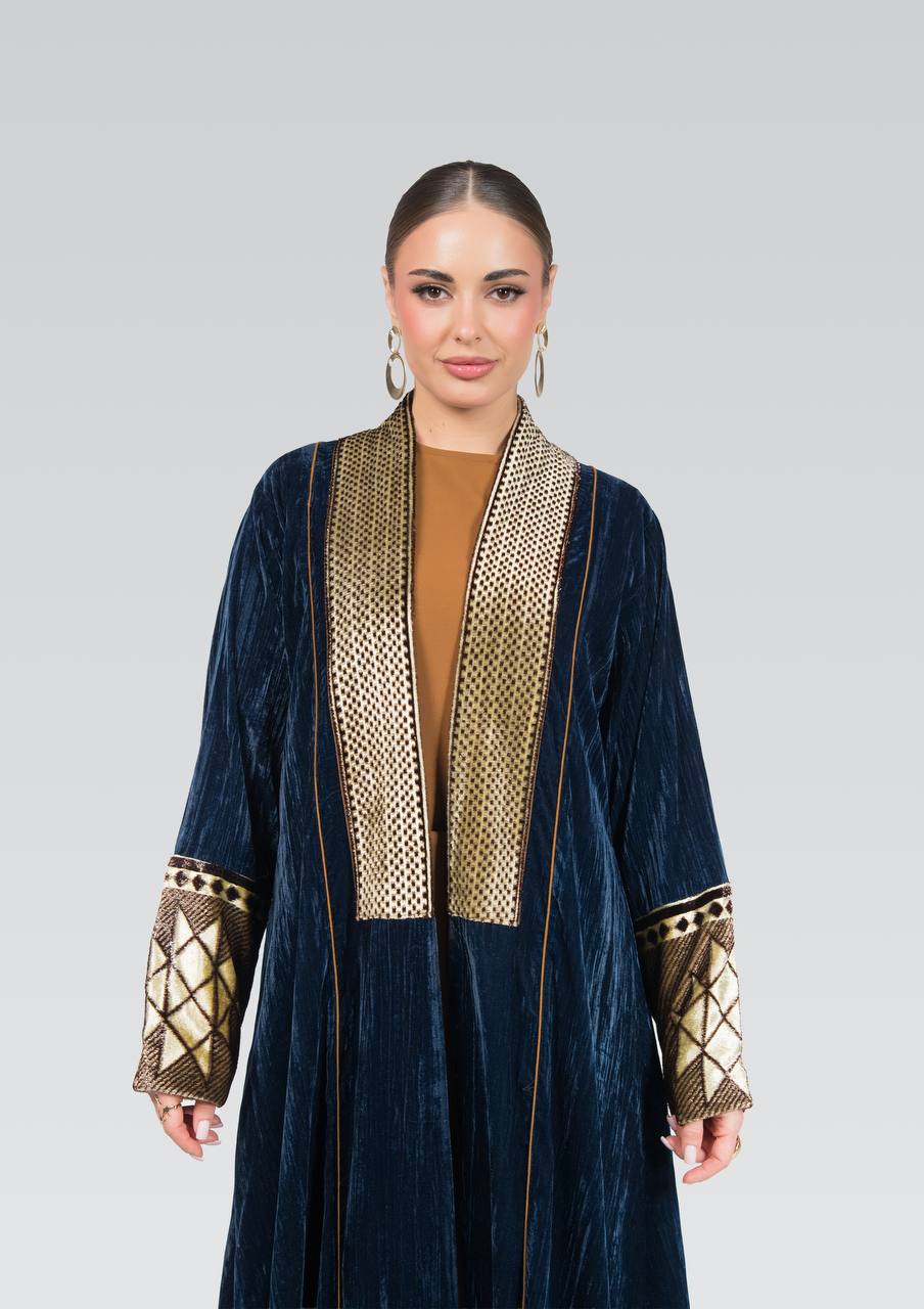 Navy blue velvet abaya with beadwork and embroidery.C:6839