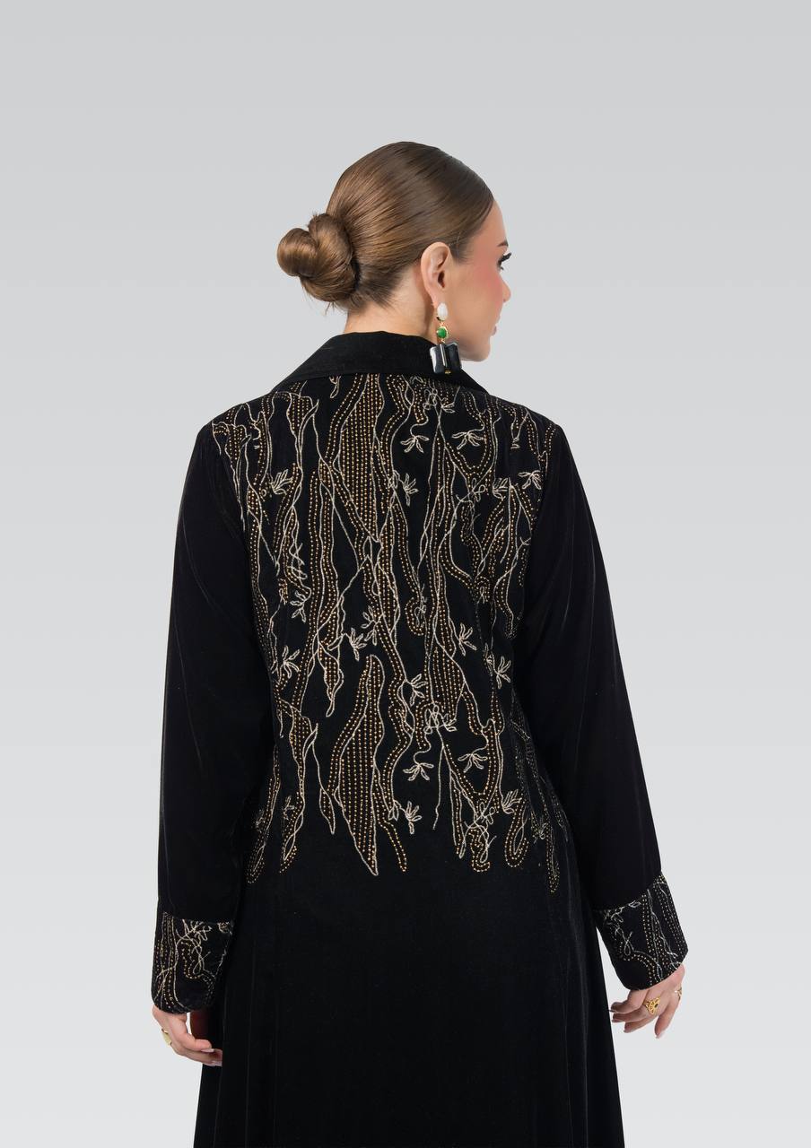 Black velvet abaya with embroidery and hand-beading.C:6840