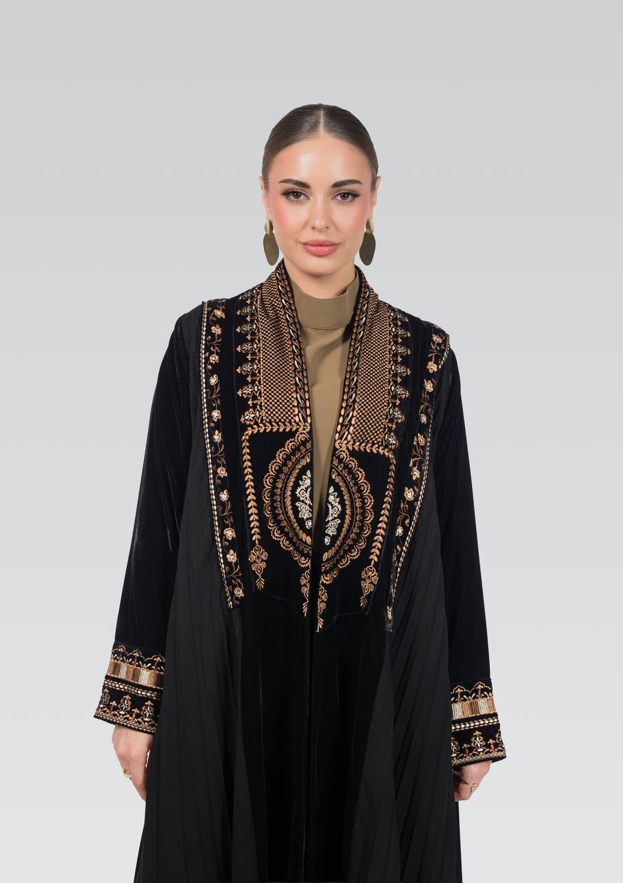 Velvet and crepe abaya with embroidery.C:6841 Brown