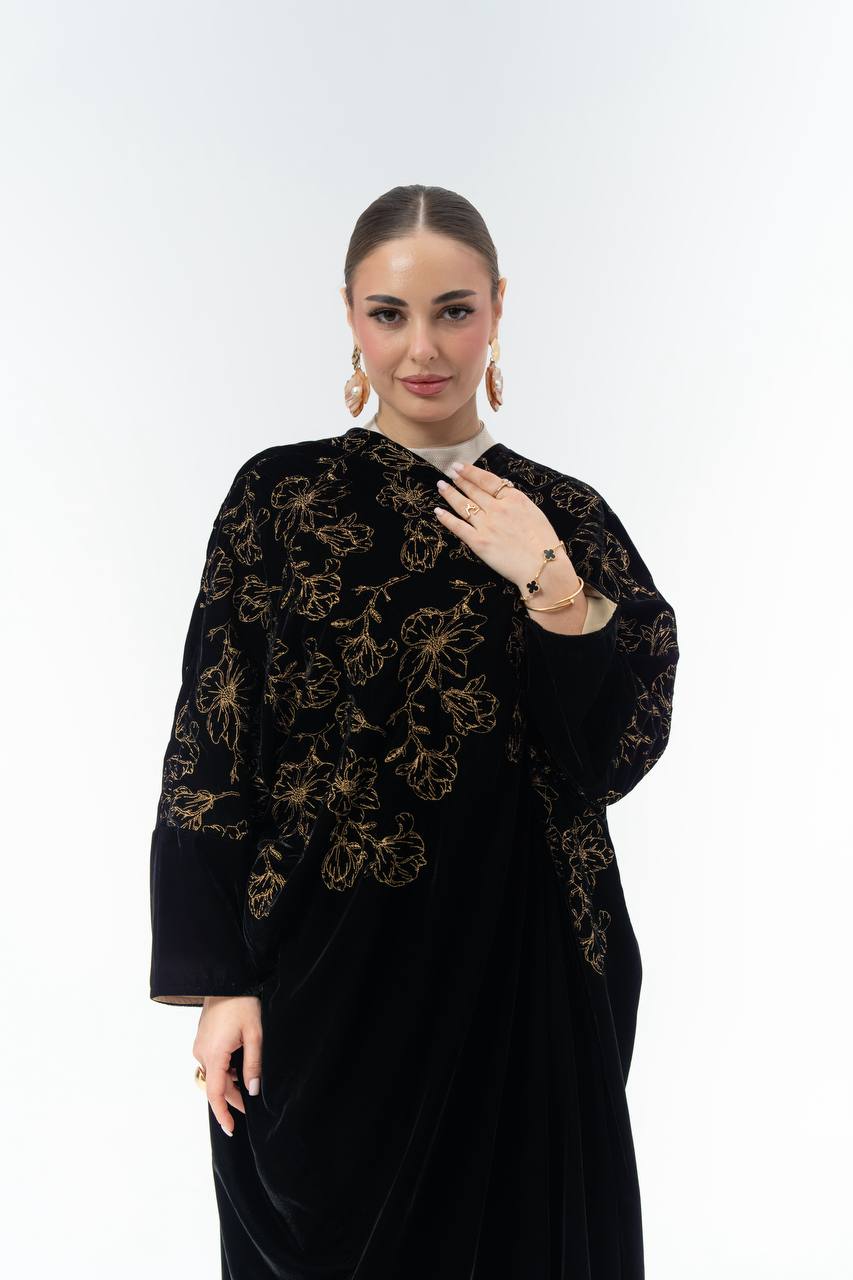 Black velvet Bisht-style abaya with embroidery.C:6843