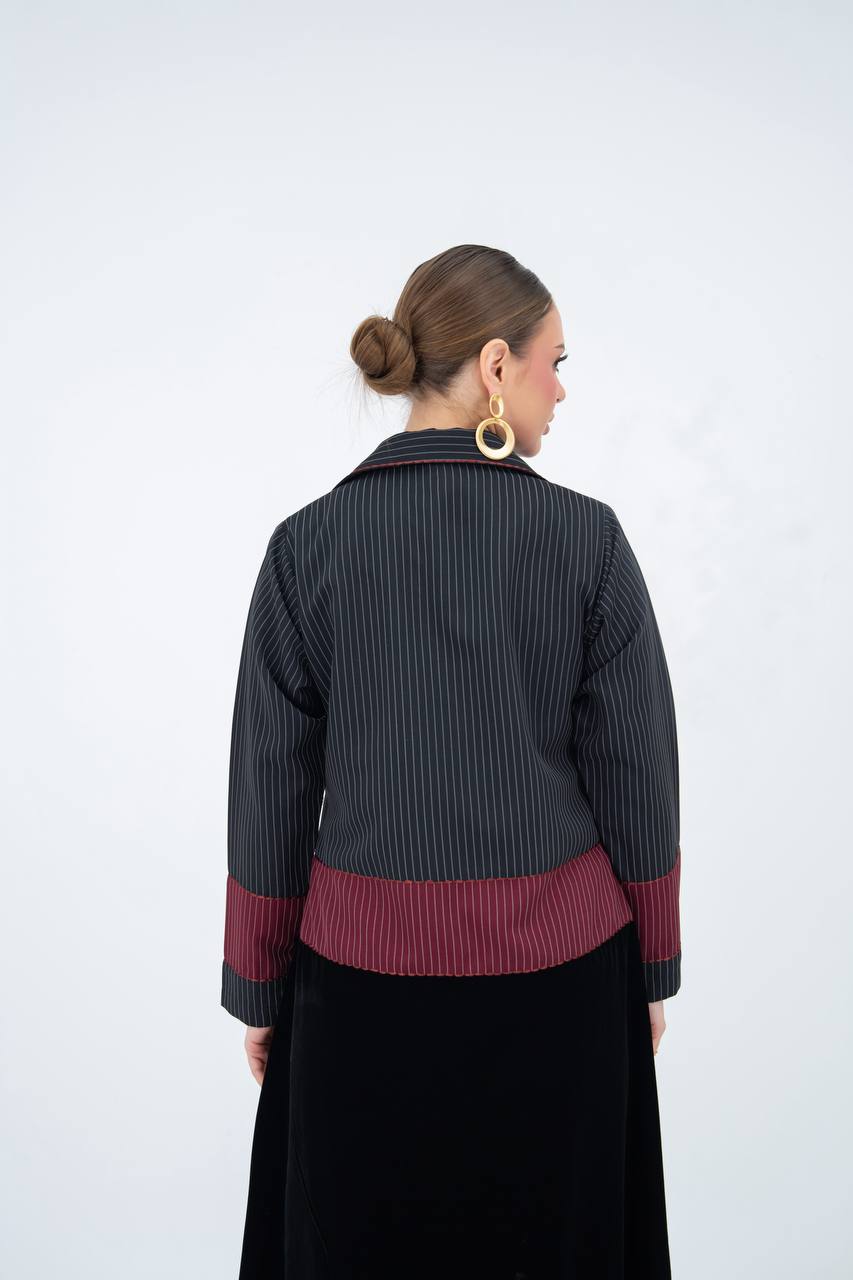 Striped crepe abaya with embroidered velvet.C:6848