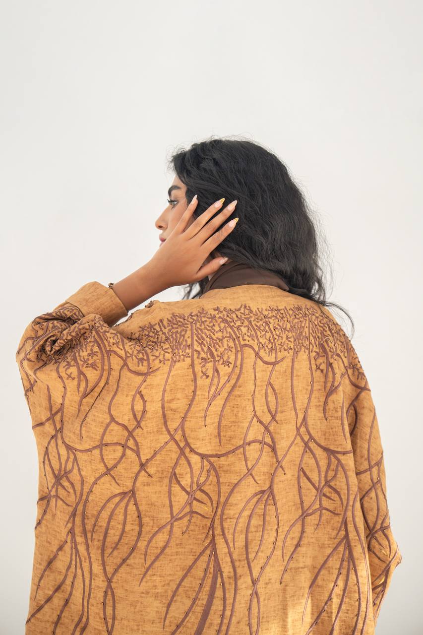 Brown linen bisht abaya with embroidery C:6648