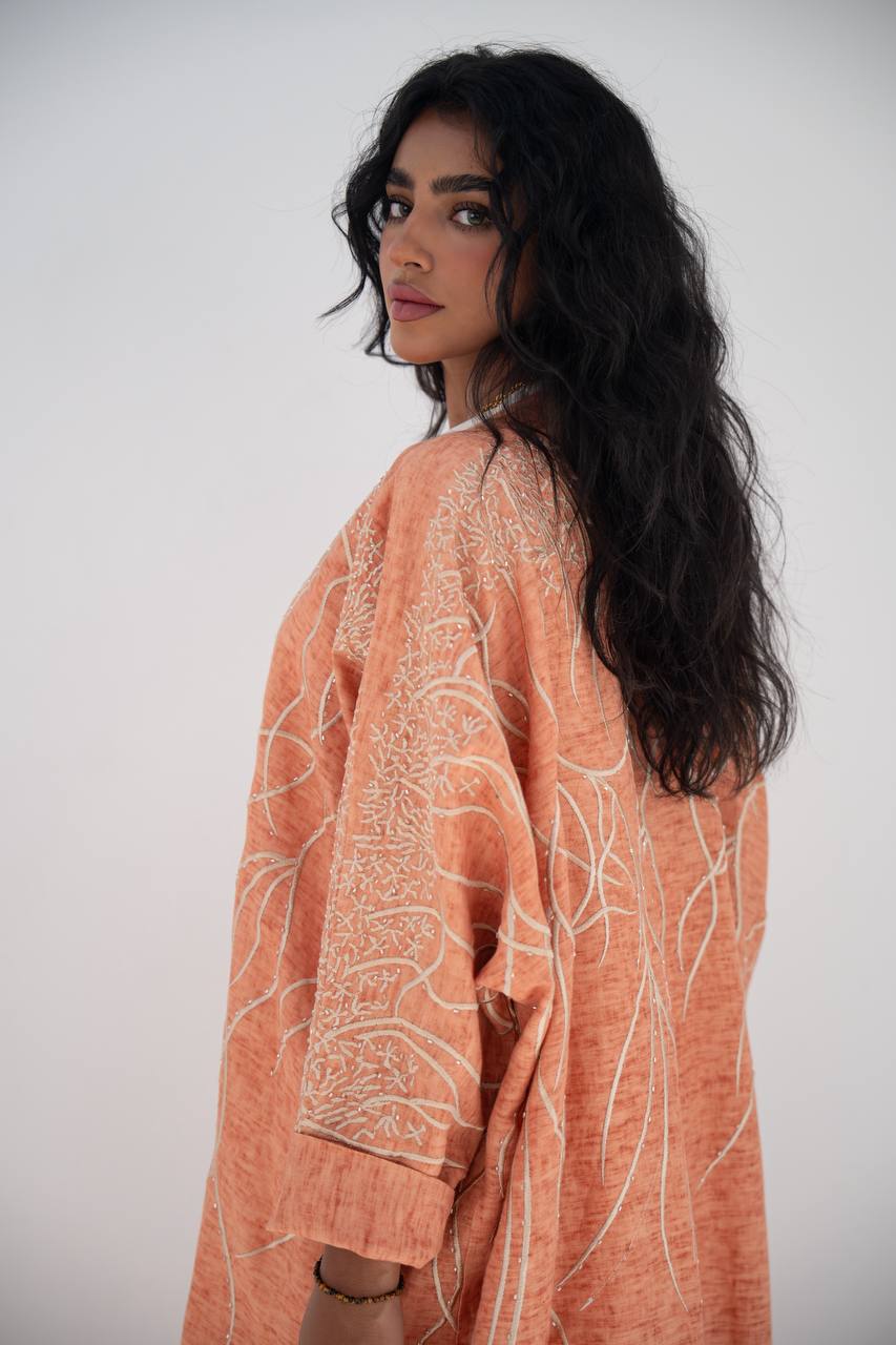 Orange linen bisht abaya with embroidery C:6648