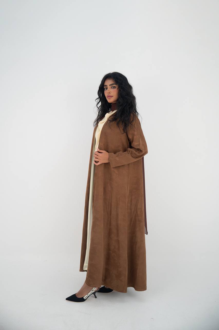 Honey-colored crepe jacquard abaya C:6645 Brown