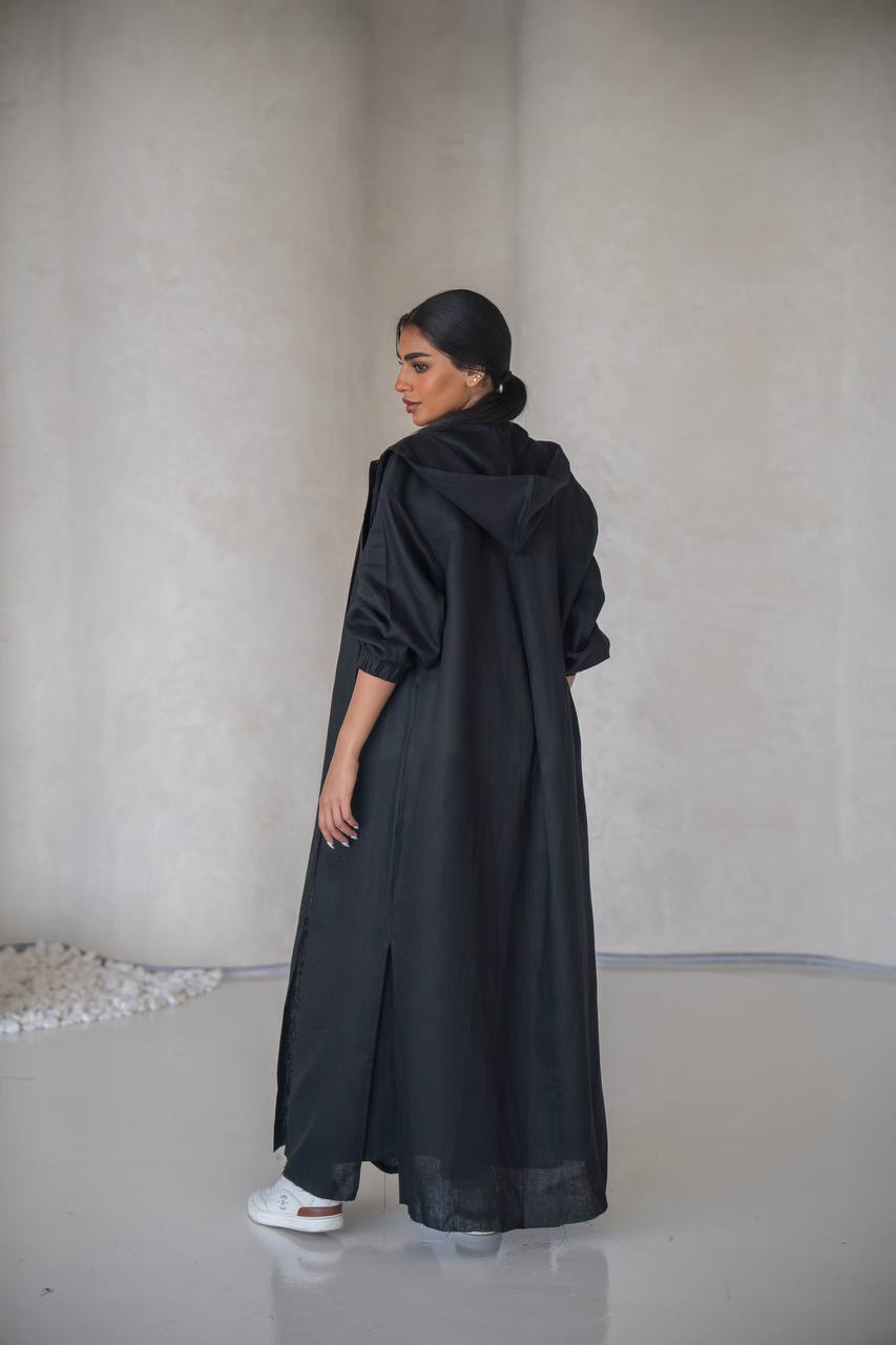 Black abaya with inner set, made of linen C:6634 Black