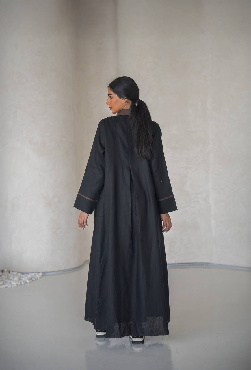 Black blazer abaya with inner set, made of linen C:6636 Black-Brown