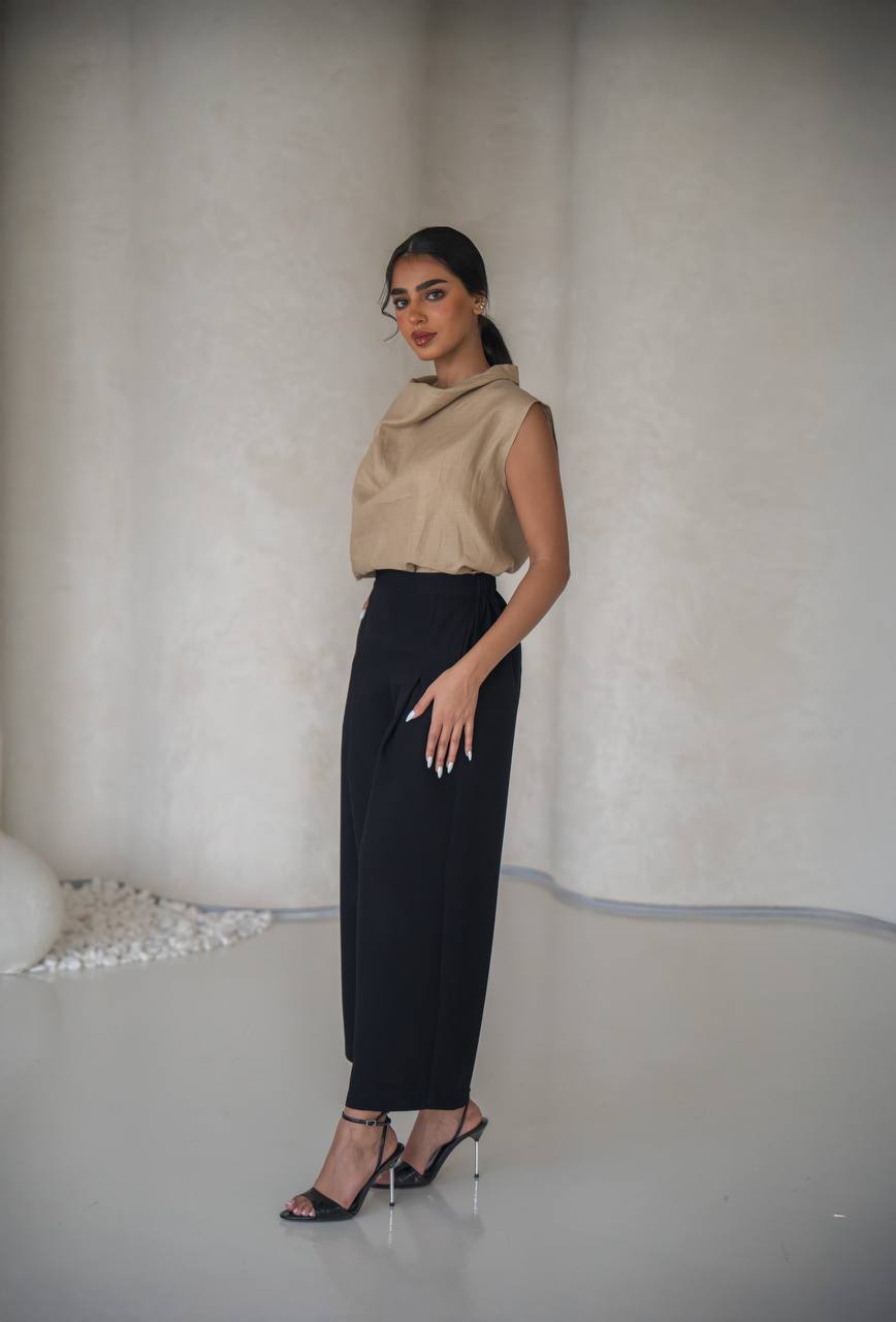 Beige linen blouse and black pants set C:150 Biege-black