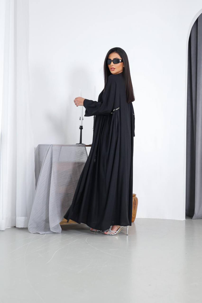 Free size black linen abaya with hand embroidery C:3026 Black (Free size)