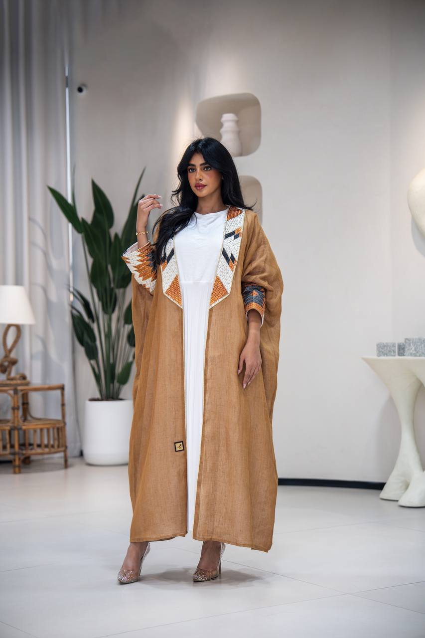 Camel-colored burlap bisht abaya with embroidery C:6621 (Free size)