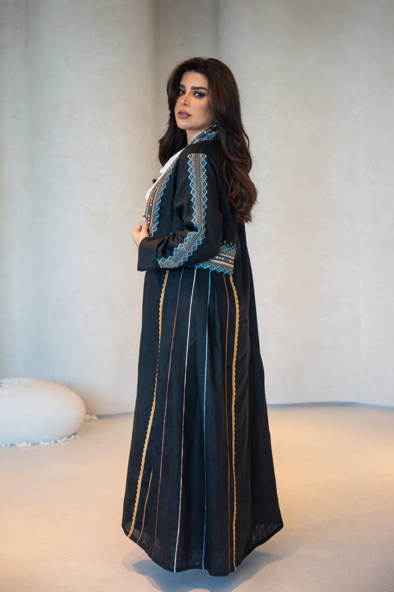 Black Linen Abaya with Embroidery C:6605 Black/Blue