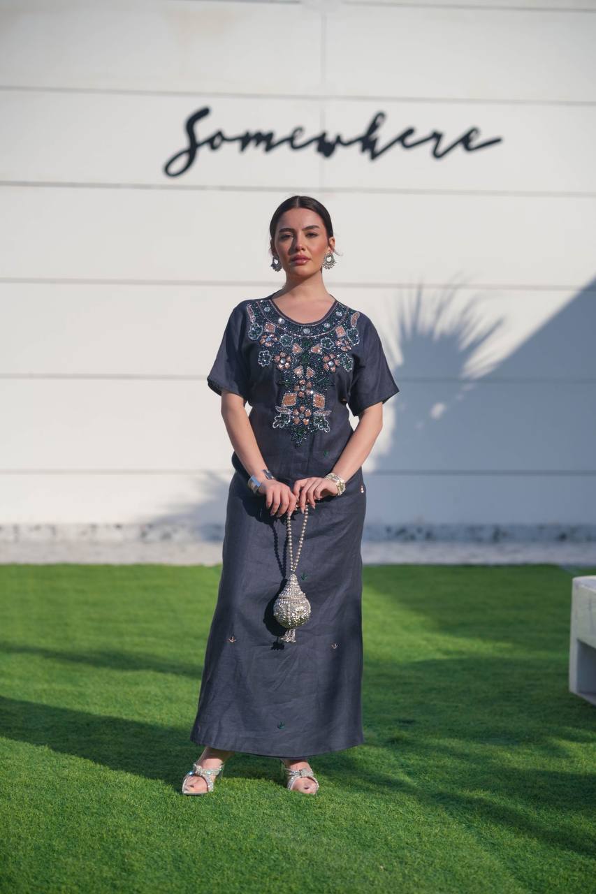 Bisht made of hessian material and linen dress, in navy blue with hand embroidery C:6619 (Free size)