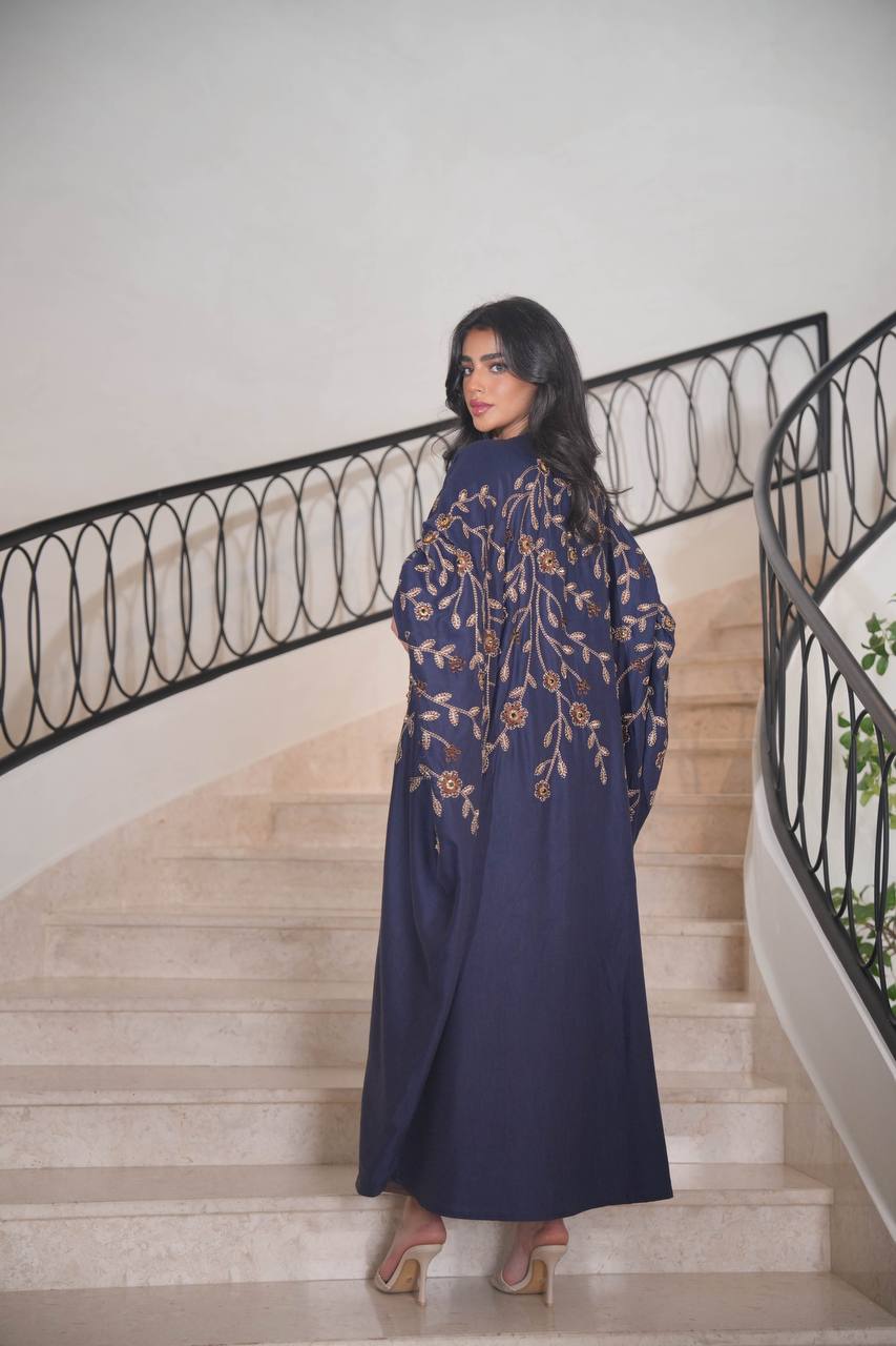 Navy Linen Bisht with Embroidery C:6595 (Free size)